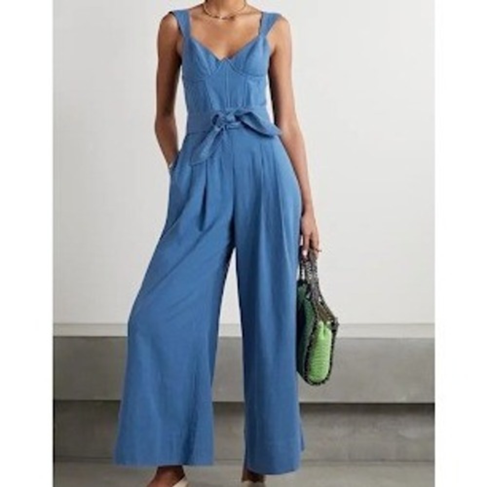 Farm Rio Dark Blue Belted Pleated Linen-Blend Jumpsuit Underwire Wide Leg S NEW